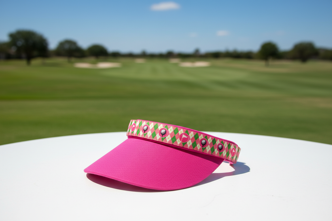 Hot pink visor on table with golf course background