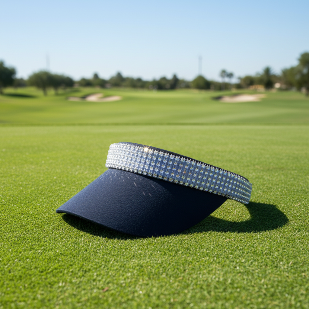 Navy visor with silver rhinestones on golf course background