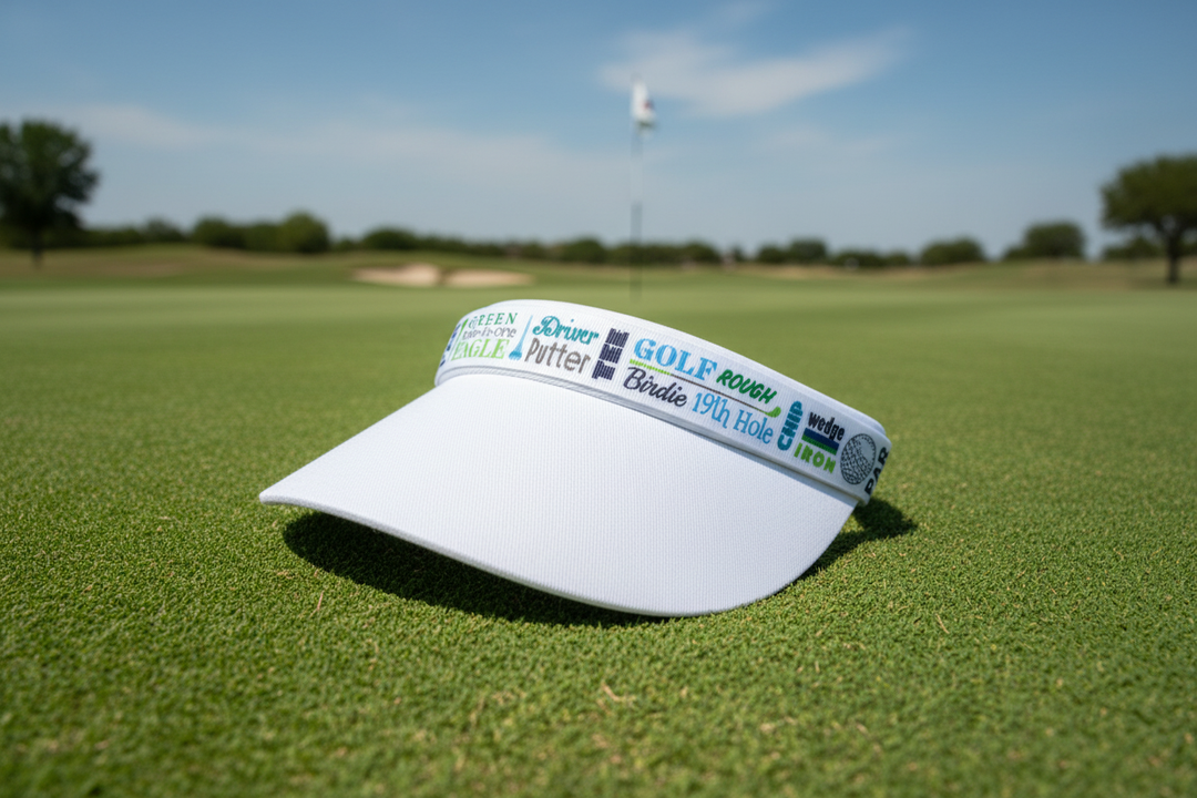 White golf visor on golf course background