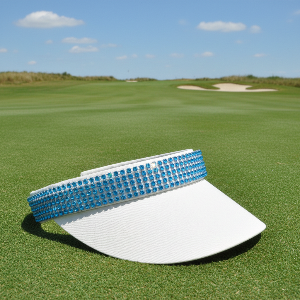 White visor with blue rhinestones on golf course background