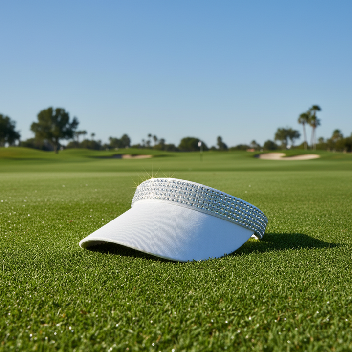 White visor with silver rhinestones on golf course background